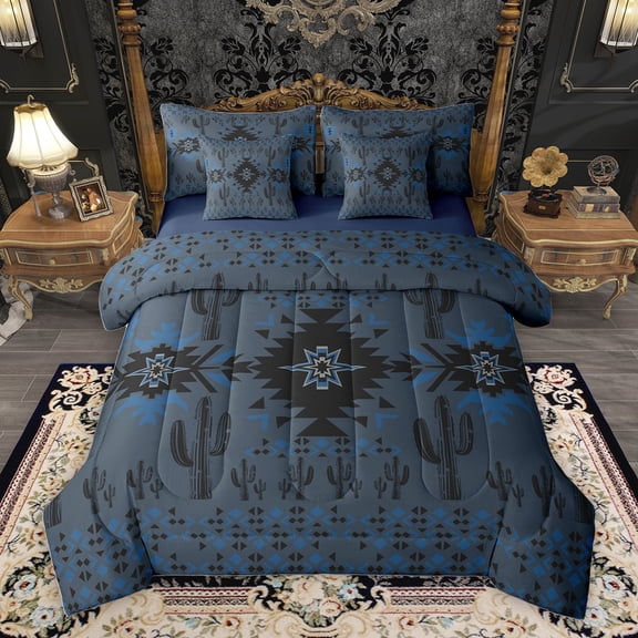 Homewish Western Aztec Adult Bedding Comforter Set 7pcs, Vintage Navy Bohemian King Bedding Sets, Hippie Triangle Abstract Reversible Bed Sheets, Luxury Bedroom Decor