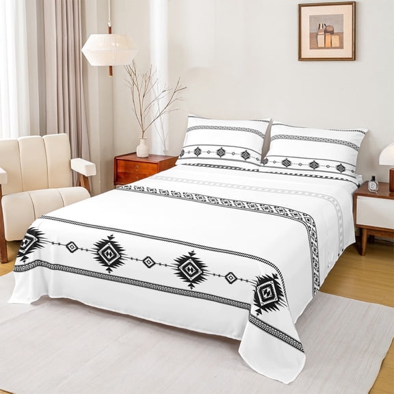 Manfei Western Aztec Bed Sheets Set King Size, White Black Bedding King Size, Tribal Geometric King Sheet Sets, Microfiber Room Decoration, 4pcs