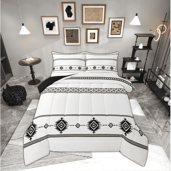 Manfei Western Aztec Bedding Full Comforter Set, White Black Comforter Sets Full Size, Tribal Geometric Reversible Comforters & Duvets, Microfiber Room Decoration, 3pcs