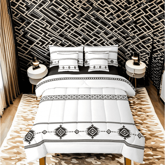 Manfei Western Aztec Bedding King Size, White Black Bed Set, Tribal Geometric Reversible Bedding Sets King Size, Microfiber Room Decoration, 7pcs