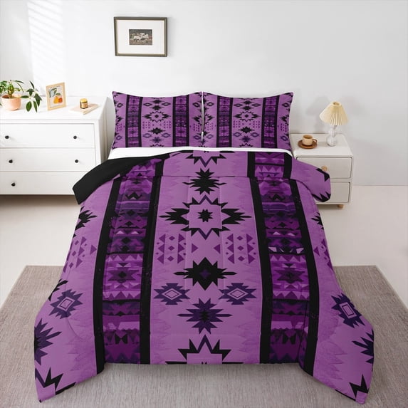 Manfei Western Aztec Bedding Sets Twin with Comforter, Tribal Cactus Comforter Sets Twin Size, Purple Geometric Reversible Down Comforter, Microfiber Room Decor, 2 Pieces