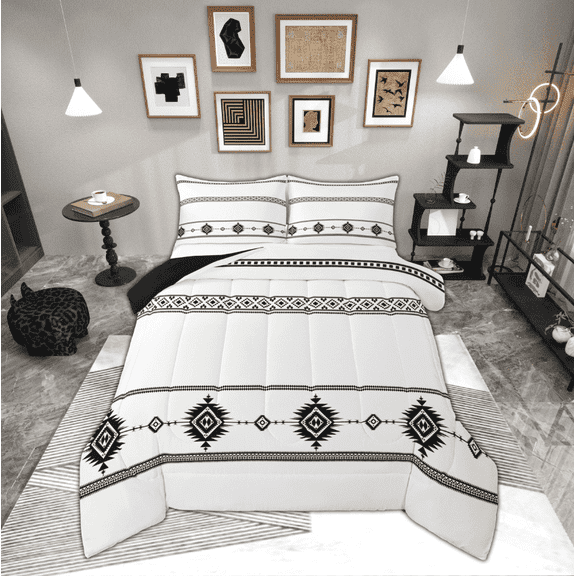 Manfei Western Aztec Comforter Sets Twin Size, White Black Down Comforter, Tribal Geometric Reversible Bedding Twin Comforter Set, Microfiber Room Decoration, 2pcs