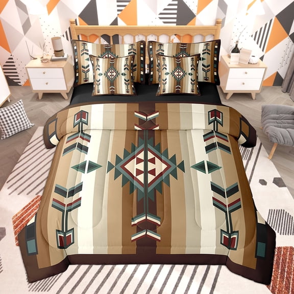 Feelyou Western Aztec Twin Bedding Sets 7-Piece, Stripes Geometric Bedding Comforter Set, Vintage Boho Sheet Sets, Microfiber Room Decorative