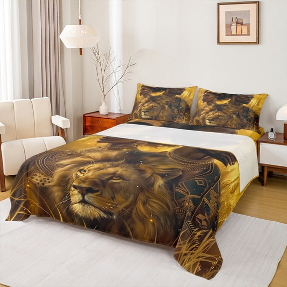 Manfei Western Twin Sheet Sets, Safari Lions Fitted Sheet, Jungle Wildlife Flat Sheet, 3-Piece Microfiber