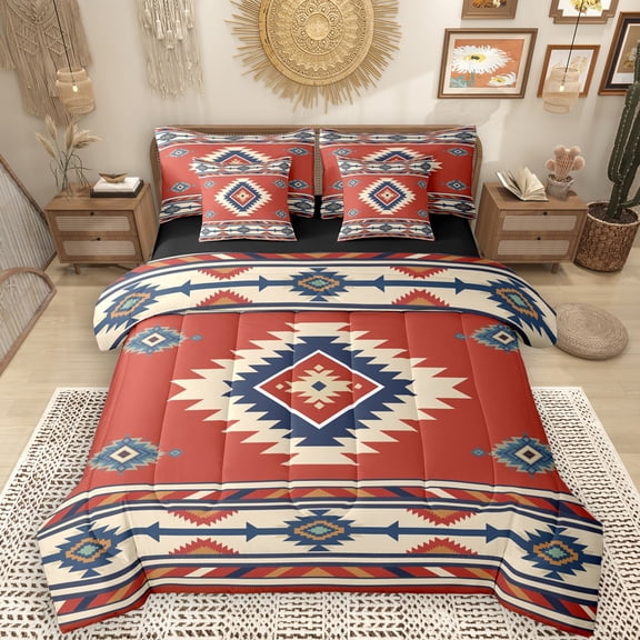 Manfei Western Bohemian Aztec 7-Piece Twin Bedding Sets for Female, Vintage Mandala Triangle Bedding Comforter Set, Red Hippie Style Reversible Sheet Sets, Luxury Bedroom Decor