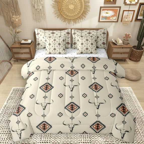 Manfei Western Bohemian Aztec 7-Piece Twin Bedding Sets for Female, Vintage Sheep Skeleton Bedding Comforter Set, Beige Hippie Triangle Reversible Sheet Sets, Microfiber Bedroom Decor
