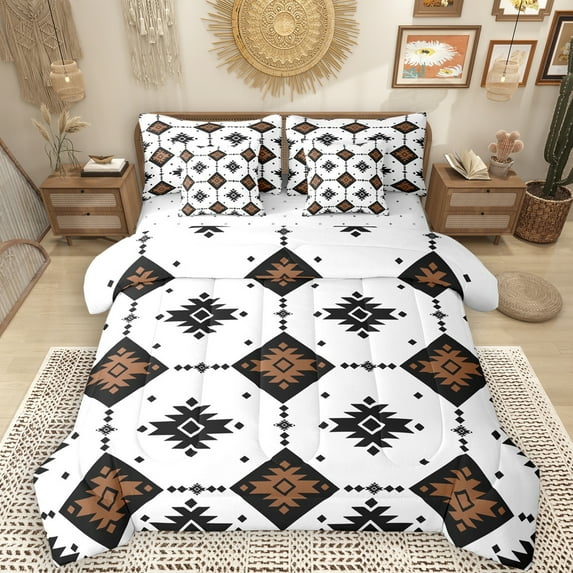Manfei Western Bohemian Aztec 7pcs Bedding Comforter Set for Female, Vintage Mandala Triangle Queen Bedding Sets, White Brown Hippie Reversible Queen Sheet Sets, Microfiber Bedroom Decor