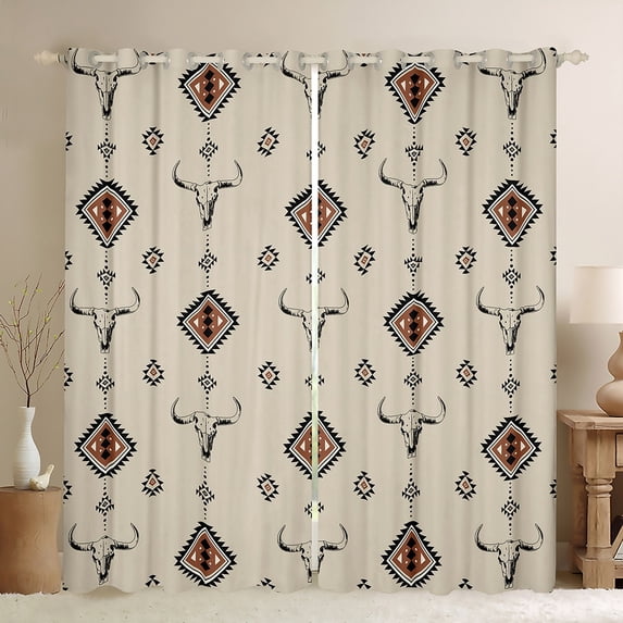 Manfei Western Bohemian Aztec Black Out Curtains for Female, Vintage Sheep Skeleton Curtains Pack of 2 (42x63 Each), Beige Hippie Triangle Bedroom Curtains, Window Curtains Decor