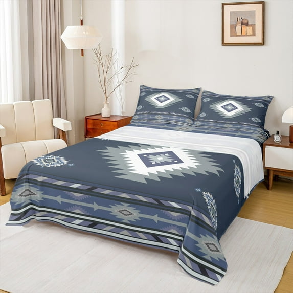 Manfei Western Bohemian Aztec Full Size Sheets for Female, Vintage Mandala Triangle Bed Sheets, Navy Grey Hippie Sheet Sets, Luxury Bedroom Decor, 4pcs