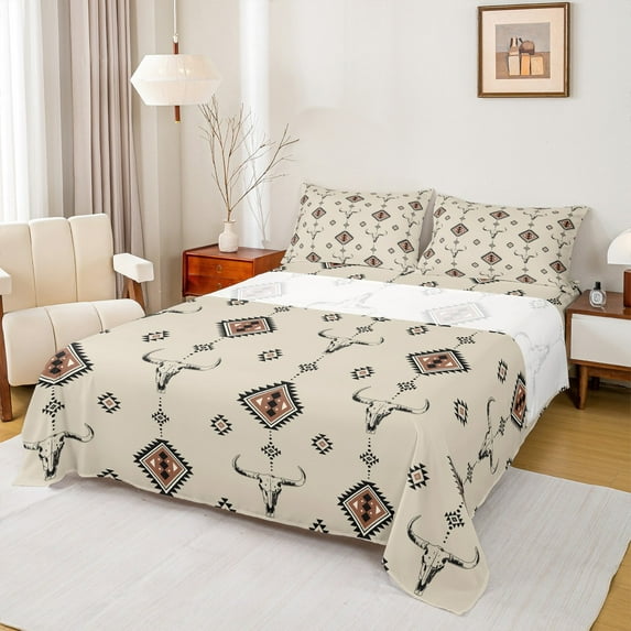 Manfei Western Bohemian Aztec Twin Sheet Sets for Female, Vintage Sheep Skeleton Twin Fitted Sheet, Beige Hippie Triangle Flat Sheet, Microfiber Bedroom Decor, 3-Piece
