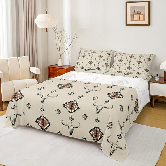 Manfei Western Bohemian Aztec Twin Sheet Sets for Female, Vintage Sheep Skeleton Twin Fitted Sheet, Beige Hippie Triangle Flat Sheet, Microfiber Bedroom Decor, 3-Piece