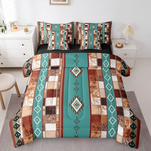 Feelyou Western Boho Aztec Bedding Comforter Set 7-Piece, Rustic Cow Print King Bedding Sets, Retro Tribal Geometric Bed Sheets, Ultra Soft Room Decor