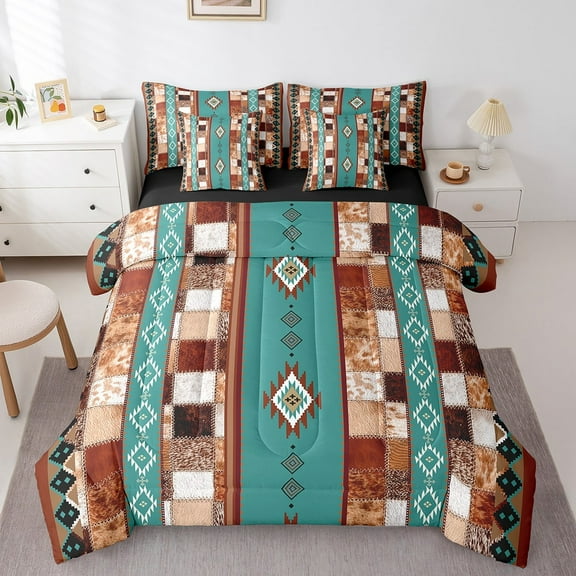 Feelyou Western Boho Aztec Bedding Comforter Set 7pcs, Rustic Cow Print Queen Bedding Sets, Retro Tribal Geometric Queen Sheet Sets, Ultra Soft Room Decor