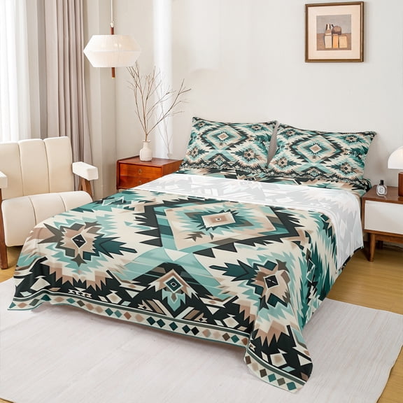 Manfei Western Boho Print Full Size Sheets,Ancient Aztec Geometric Bed Sheets,Cyan Black Sheet Sets For Men Women,Super Cozy Room Decor,4-Piece
