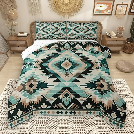 Manfei Western Boho Print Queen Comforter Set,Ancient Aztec Geometric Bedding Sets,Cyan Black Bedding Comforter Set For Men Women,Super Cozy Room Decor Reversible,3 Pieces