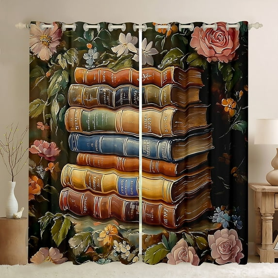 Manfei Western Books Teens Curtains Pack of 2 (42x84 Each), Romantic Pink Rose Flower Curtains Blackout, Oil Printing Artwork Bedroom Curtains, Curtains and Drapes Decor