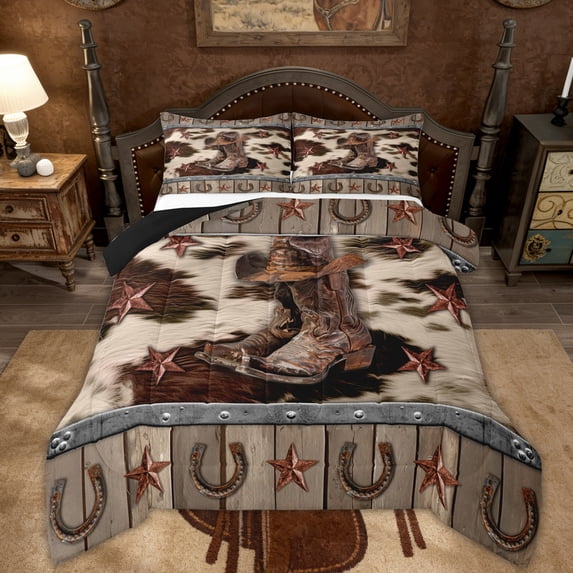 Manfei Western Boot Bedding Twin Comforter Set, Texas Stars Down Comforter, Farmhouse Cow Print Reversible Duvet Insert, Lightweight Bedroom Decor, 2-Piece