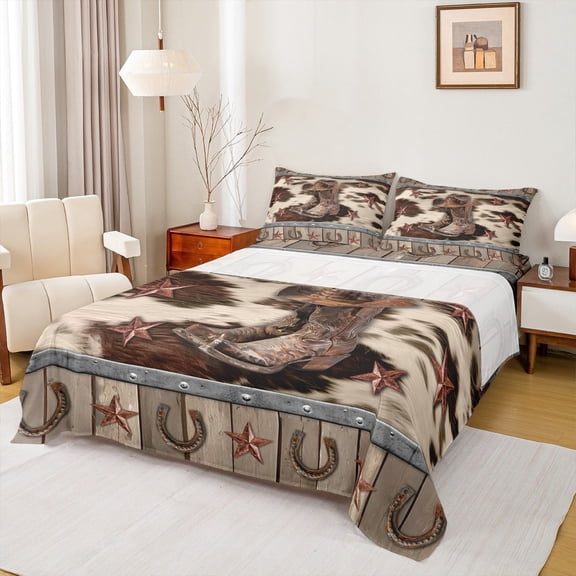 Manfei Western Boot Twin Sheet Sets, Texas Stars Sheet Set Twin, Farmhouse Cow Print Bed Sheets Set Twin Size, Lightweight Bedroom Decor, 3-Piece