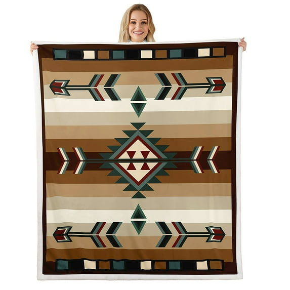 Manfei Western Brown Aztec Throw Blanket for Couch for Adult, Hippie Triangle Abstract Sherpa Blanket, Vintage Countryside Fleece Blanket, Microfiber Bedroom Decor, 30x40