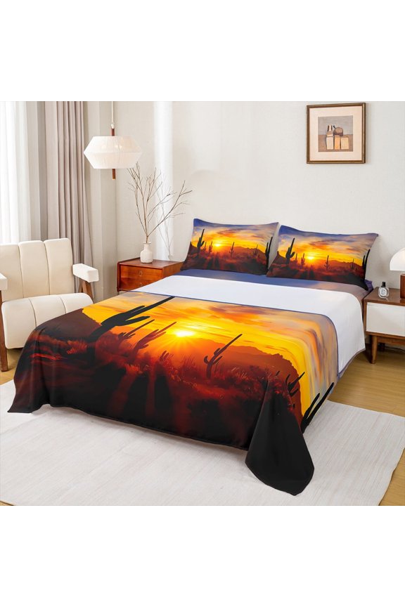 Western Cactus Bed Sheets Set Twin Size, Nature Sunset Bed Sheets Twin, Adult Female Male Bedding Twin Size, Ultra Soft Room Decoration, 3pcs