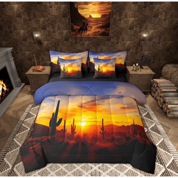 Manfei Western Cactus Bedding Twin Size, Nature Sunset Bedding Sets Twin Size, Adult Female Male Reversible Comforter Sets with Sheets, Ultra Soft Room Decoration, 7pcs