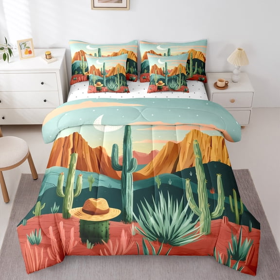 Manfei Western Cactus Child Bedding Comforter Set 7-Piece, Rustic Farmhouse King Bedding Sets, Cowgirl Cowboy Bed Sheets, Lightweight Room Decor