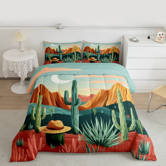 Manfei Western Cactus Child Bedding Comforter Set, Rustic Farmhouse Twin Comforter Sets, Cowgirl Cowboy Bedding Set, Lightweight Room Decor, 2-Piece