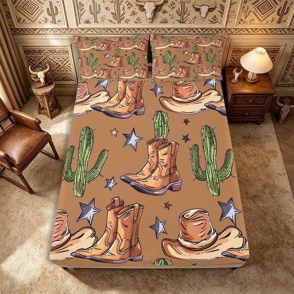 Manfei Western Cactus Fitted Sheet Queen 3-Piece,Cowboy Boots Hats Bedding,Brown Green,1 Fitted Sheet and 2 Pillowcases