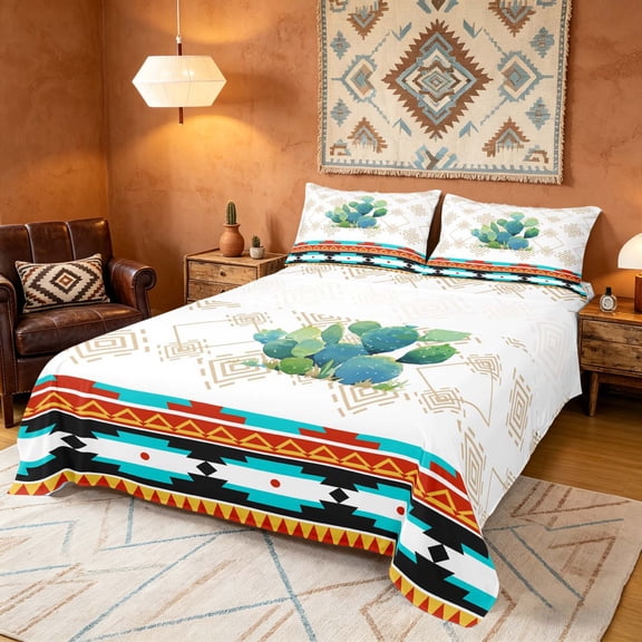 Manfei Western Cactus Queen Sheets, Farmhouse Aztec Queen Sheet Sets, Multicolor White, Reversible 4-Piece1 Flat Sheet + 1 Fitted Sheet + 2 Pillowcases