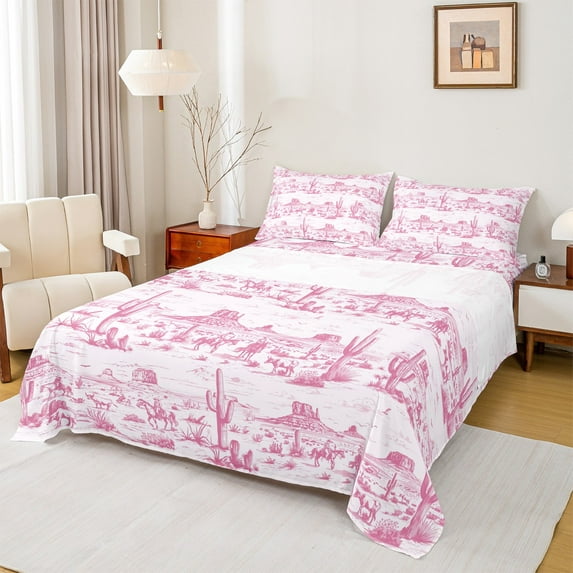 Manfei Western Cactus Sheet Set Queen, Rustic Horse Bed Sheets Set Queen Size, Pink Cowgirl Cowboy Queen Sheet Sets, Microfiber Bedroom Decorative, 4pcs