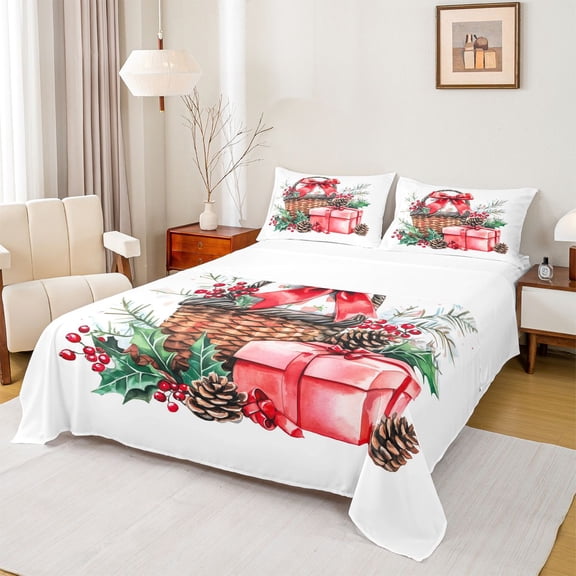 Manfei Western Christmas Floral Queen Sheet Sets,Red Bowtie Gifts Flat Sheet,Rustic Berry Pine Cone Queen Fitted Sheet For Girls Boy,Super Cozy Room Decor,4-Piece