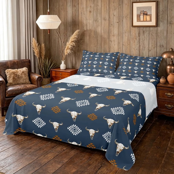 Manfei Western Cow Skull Bed Sheets, Bohemian Aztec Fuul Size Sheets, Blue Brown White, Navy Reversible 4-Piece1 Flat Sheet + 1 Fitted Sheet + 2 Pillowcases