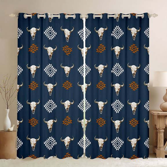 Manfei Western Cow Skull Blackout Curtains Set of 2 (52x84 Each), Bohemian Aztec Curtain, Blue Brown White