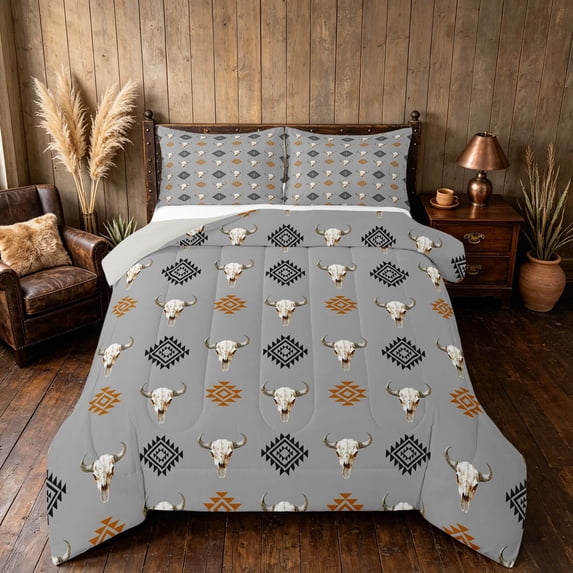 Manfei Western Cow Skull Queen Comforter Set, Bohemian Aztec Comforter Sets Queen, Gray Black White, Gray Reversible 3-Piece, 1 Comforter and 2 Pillowcases