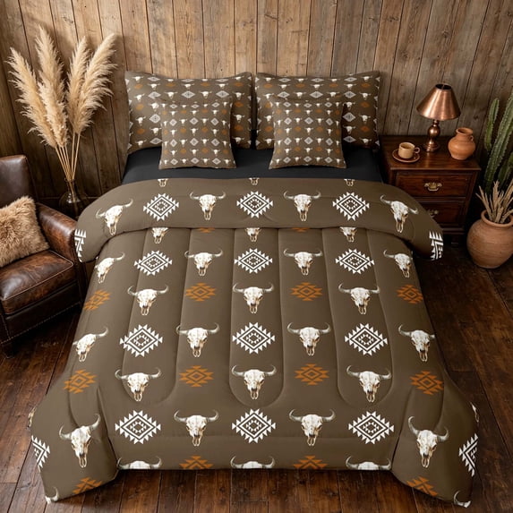 Manfei Western Cow Skull Twin Bedding, Bohemian Aztec Bedding Comforter Set, Brown White, Black Reversible 7 Pieces