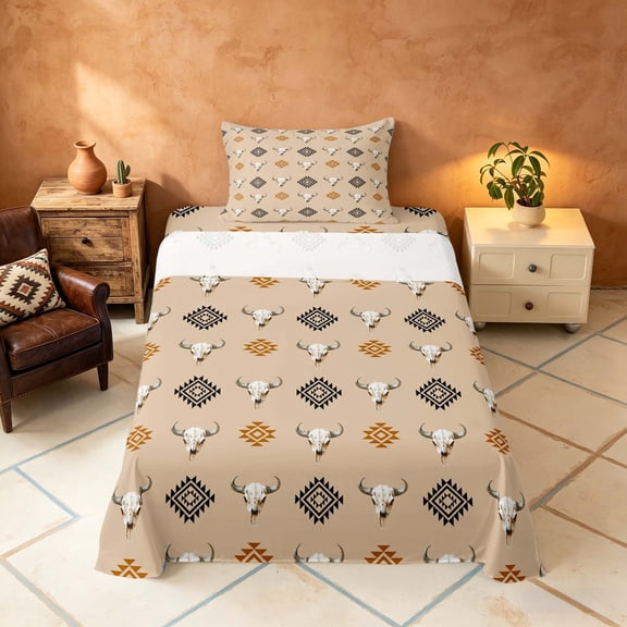 Manfei Western Cow Skull Twin Sheets, Bohemian Aztec Bedding, Beige Black, Black Reversible 3-Piece1 Flat Sheet + 1 Fitted Sheet + 1 Pillowcase