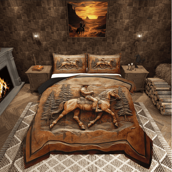 Manfei Western Cowboy 3-Piece Full Size Comforter Sets,Animal Horse Bedding Comforter Set,Lodge Cabin Lightweight Bedding Sets,Luxury Boys Bedroom Decor,Reversible