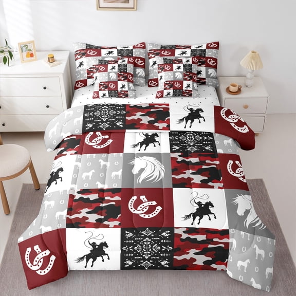 Manfei Western Cowboy 7-Piece Bedding Comforter Set,Rustic Farmhouse Cabin King Bedding Sets,Patchwork Geometric Plaid Bed Sheets For Boys Teens,Luxury Bedroom Decor