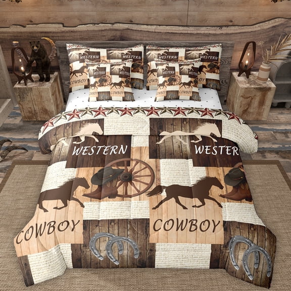 Manfei Western Cowboy 7-Piece Bedding Comforter Set,Rustic Horseshoe Texas Stars King Bedding Sets,Country Farmhouse Lodge Bed Sheets For Boys Teens,Super Cozy Room Decor Reversible