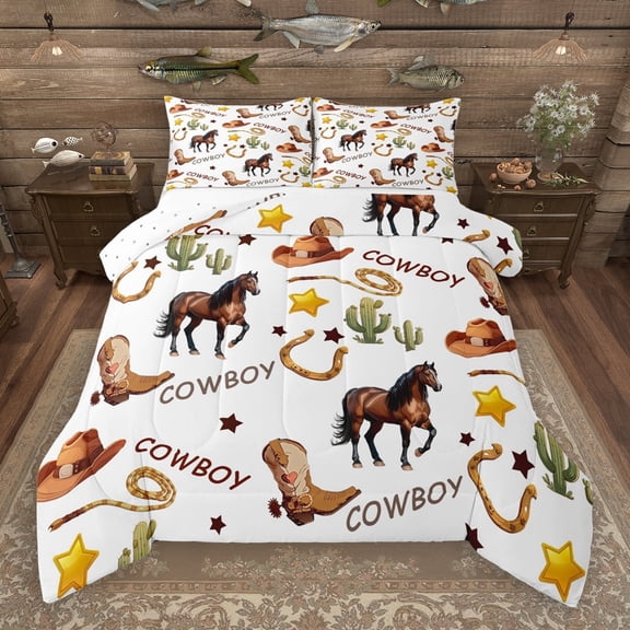 Manfei Western Cowboy Bedding Comforter Set,Retro Horseshoe Boots Twin Comforter Sets,Rustic Farmhouse Cabin Bedding Set For Boys Kids,Ultra Soft Home Decor Reversible,2pcs