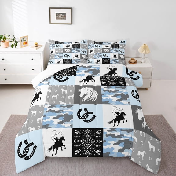 Manfei Western Cowboy Bedding Comforter Set,Rustic Farmhouse Cabin Twin Comforter Sets,Farm Horse Horseshoe Bedding Set For Girls Teens,Microfiber Bedroom Decor,2 Pieces