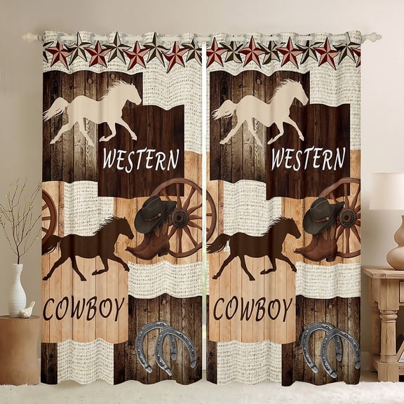 Manfei Western Cowboy Black Out Curtains,Rustic Horseshoe Texas Stars Curtains Pack of 2 (42x63 Each),Country Farmhouse Lodge Bedroom Curtains For Boys Teens,Super Cozy Room Decor