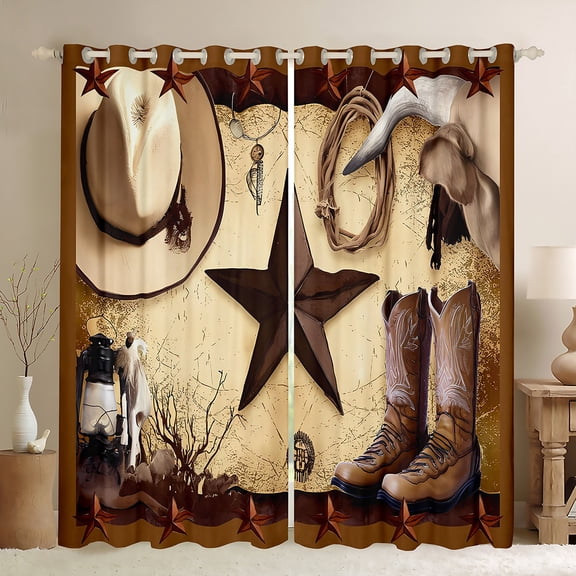 Manfei Western Cowboy Black Out Curtains, Vintage Boots Hat Curtains Pack of 2 (42x63 Each), Brown Rustic Farmhouse Bedroom Curtains, Luxurious Home Decor