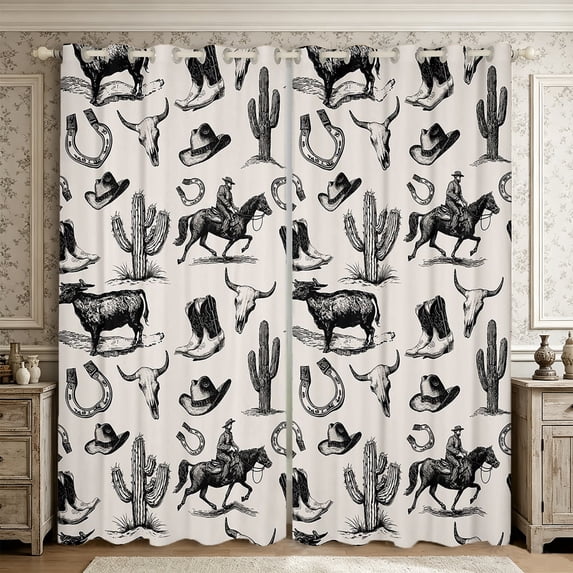 Manfei Western Cowboy Boots Hats Curtains and Drapes Pack of 2 (52x63 Each),Rustic Cactus Cattle Black Out Curtains,Off White Black