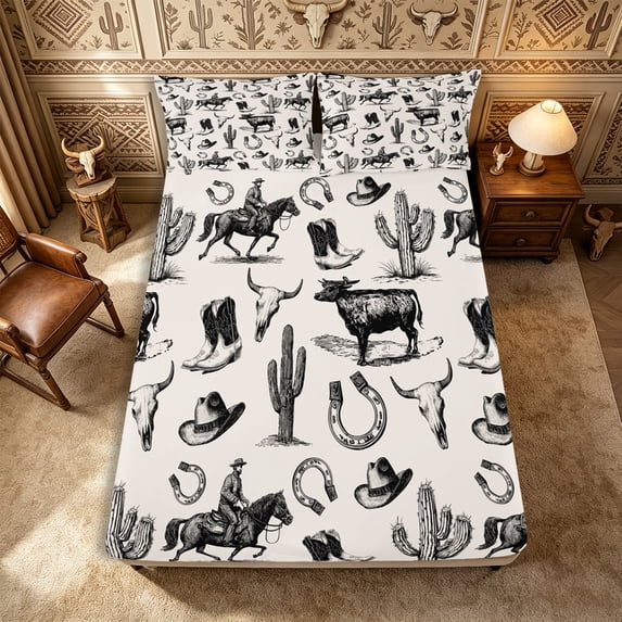 Manfei Western Cowboy Boots Hats Fitted Sheet Full 3 Pieces,Rustic Cactus Cattle Bed Set,Off White Black,1 Fitted Sheet and 2 Pillowcases