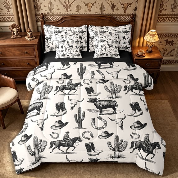 Manfei Western Cowboy Boots Hats Full Size Bedding Sets 7 Pieces,Rustic Cactus Cattle Full Size Bed in a Bag,Off White Black