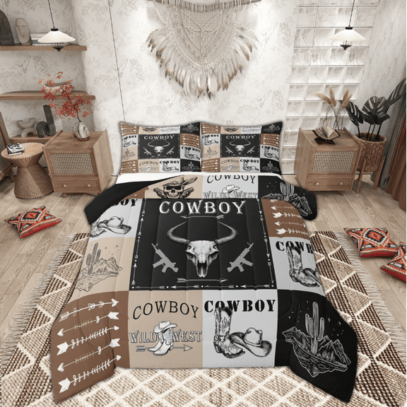 Manfei Western Cowboy Cowgirl Bedding Comforter Set, Tribal Sheep Skeleton Twin Comforter Sets, Rustic Patchwork Reversible Bedding Set, Lightweight Room Decor, 2-Piece