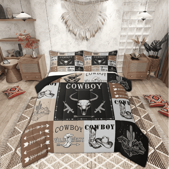 Manfei Western Cowboy Cowgirl Queen Comforter Set, Tribal Sheep Skeleton Bedding Sets, Rustic Patchwork Reversible Bedding Comforter Set, Lightweight Room Decor, 3-Piece