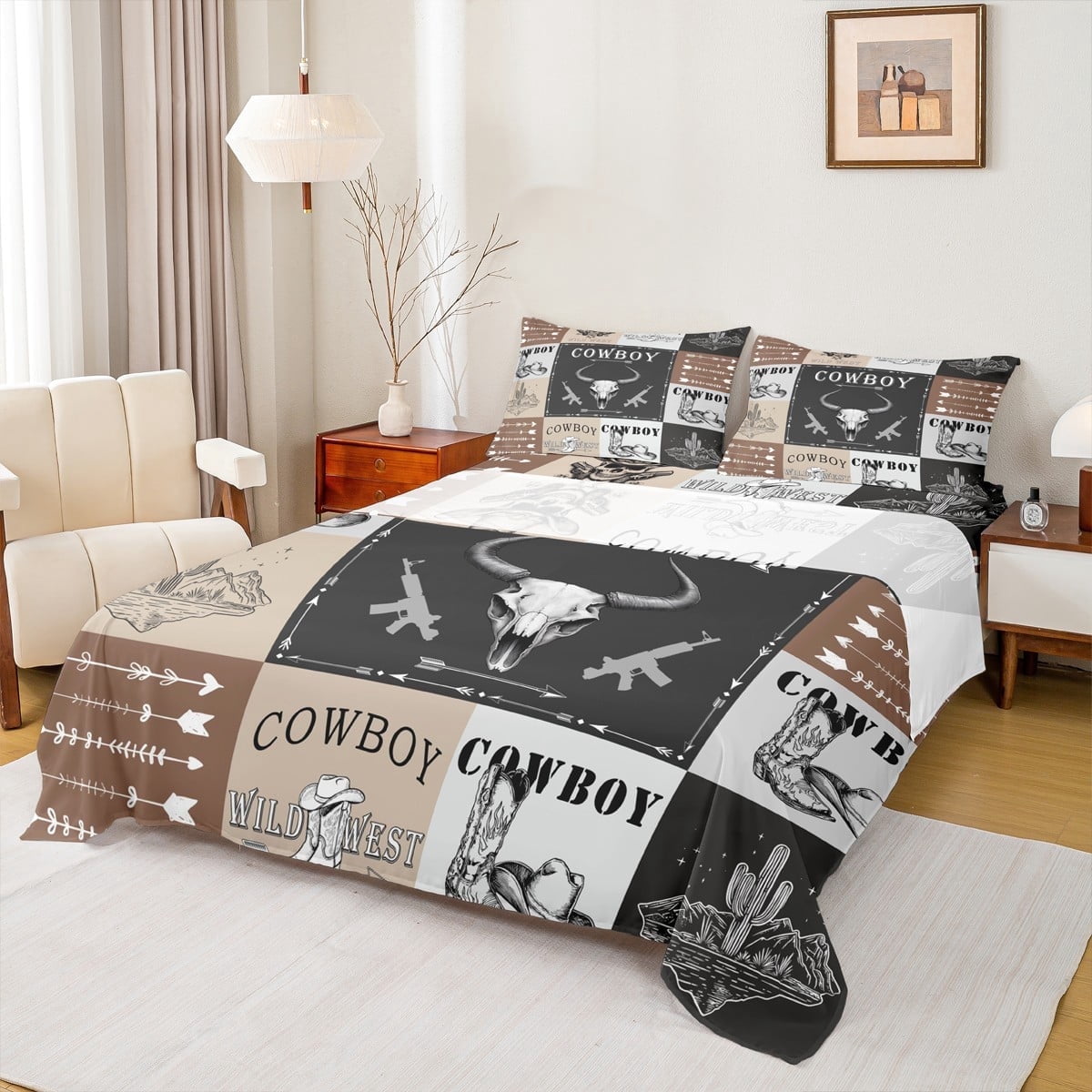 Rustic Sheet Manfei Western Cowboy Cowgirl Queen Sheet Sets, Tribal Sheep Skeleton ...
