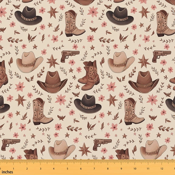 Manfei Western Cowboy Fabric by the Yard 2 Yards, Rustic Cottage Sewing Fabric, Beige